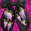 Elegant black hair bow with hand-embroidered purple blooms